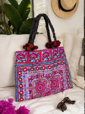 Expressions NYC Boho Embroidered Pom Pom Tote Bag